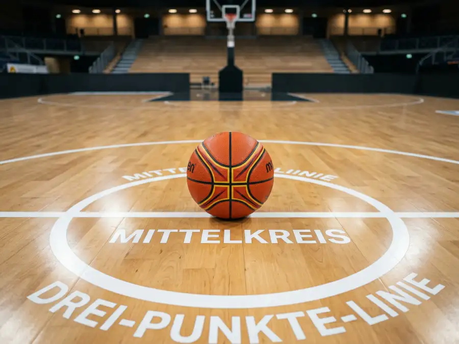 Basketball mit deutschen Farben auf einem internationalen Spielfeld